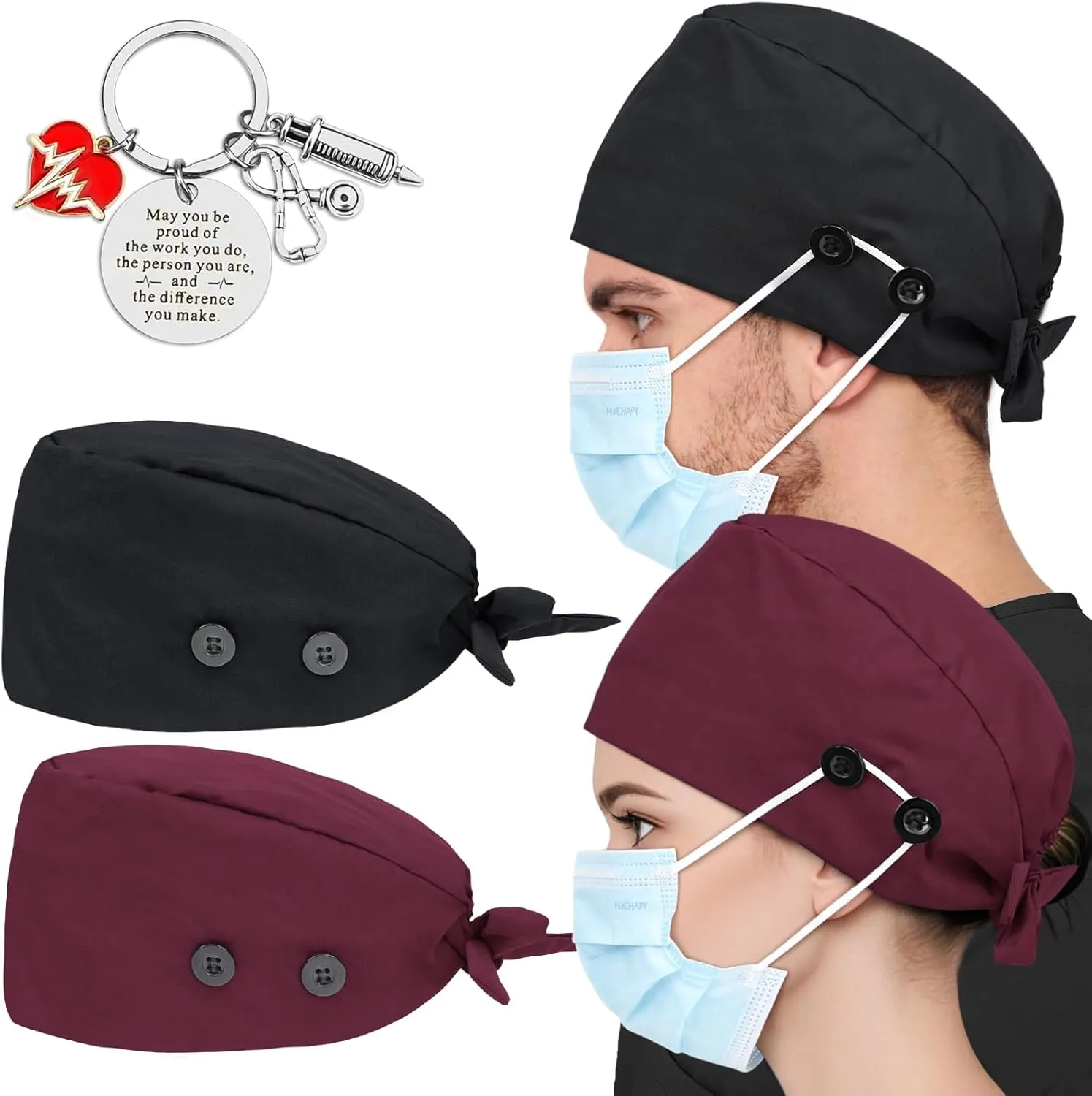 2 Pcs Satin Lined Scrub Cap Nurse Hats for Women Men 4 Buttons