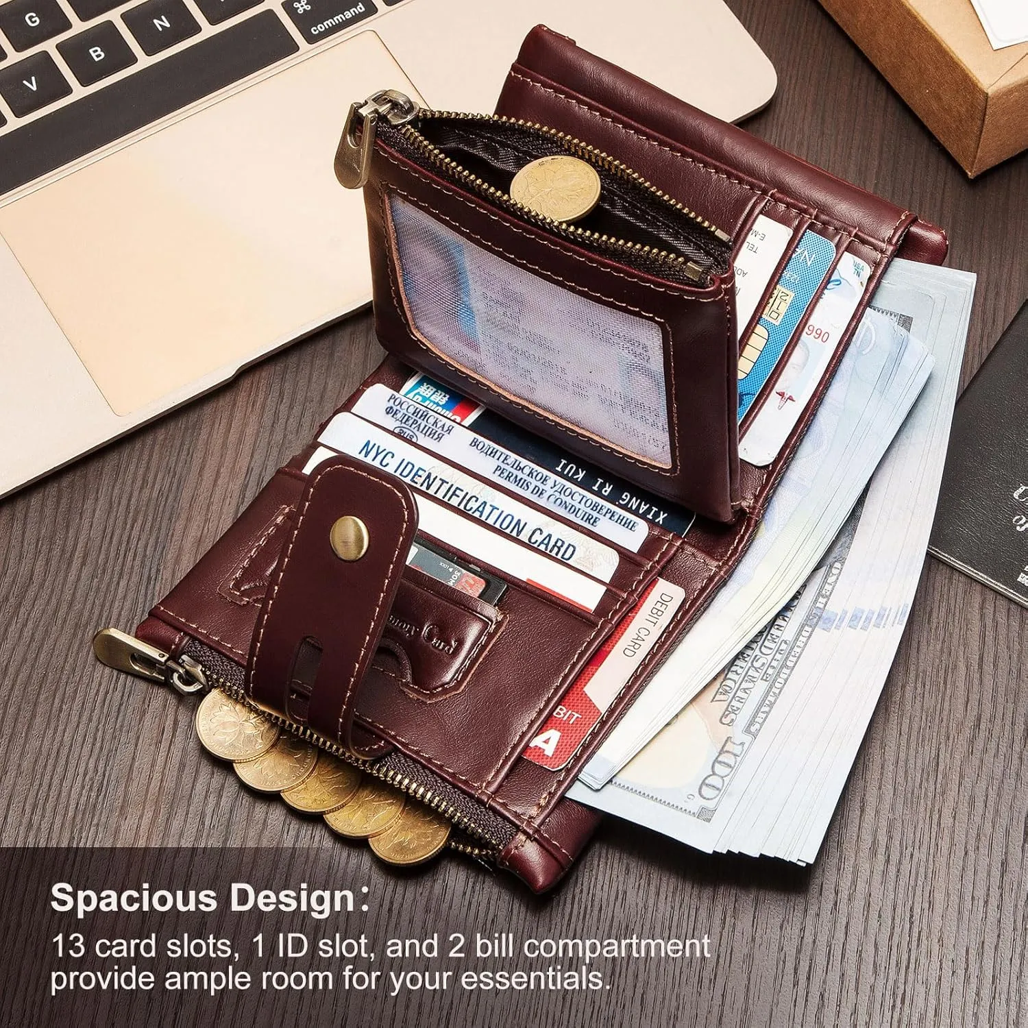 bill heart Chain wallets for men, Genuine Leather Biker Wallet with RFID Blocking Brown Color with Chain??