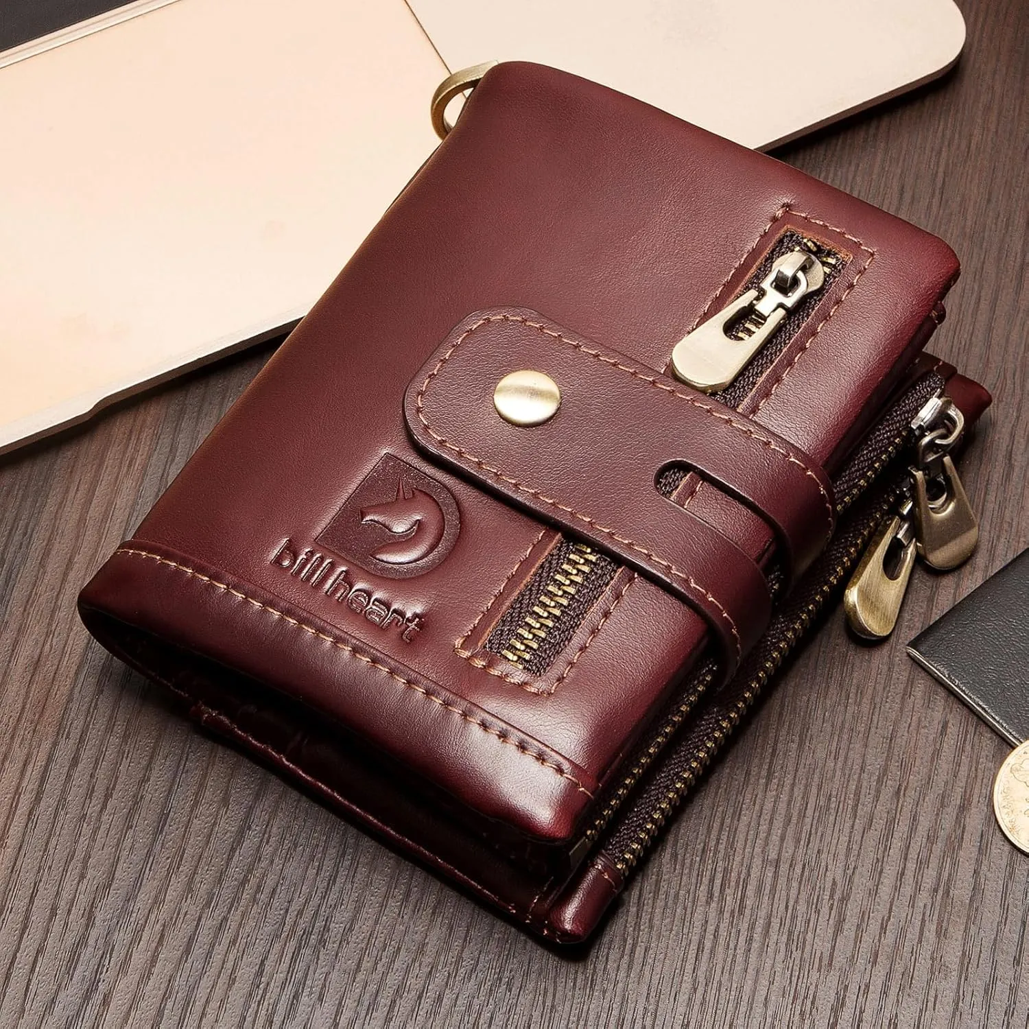bill heart Chain wallets for men, Genuine Leather Biker Wallet with RFID Blocking Brown Color with Chain??