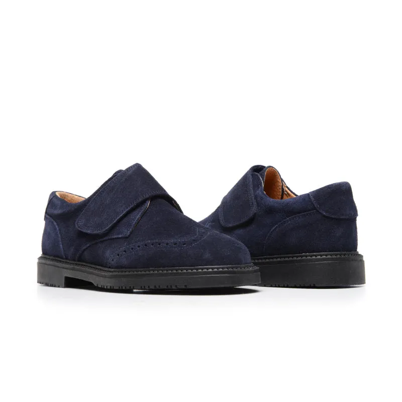 Boys' Navy Suede Velcro Brogue Loafers by childrenchic