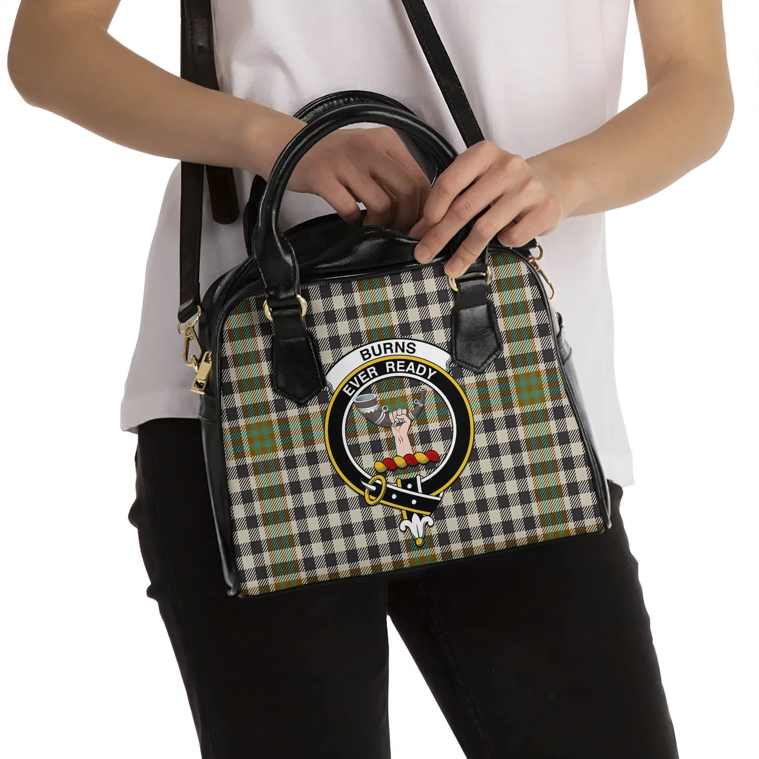 Burns Check Tartan Shoulder Handbags with Family Crest