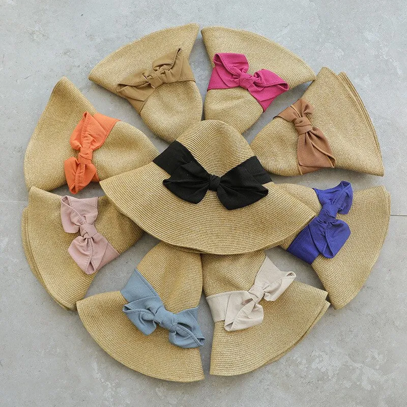 Classic Wide Brim Straw Summer Hats with Bow Accent