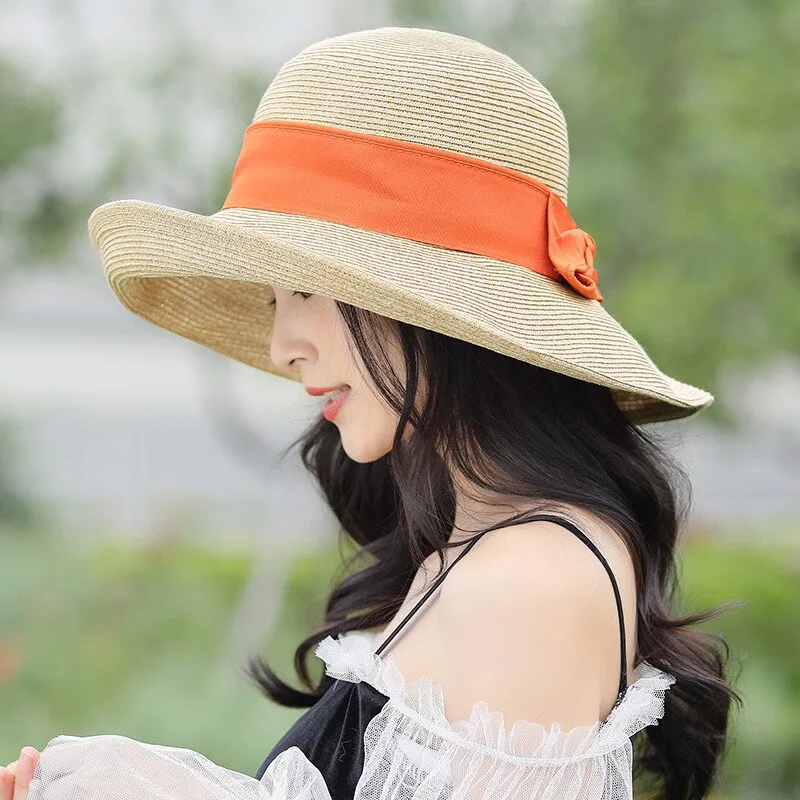 Classic Wide Brim Straw Summer Hats with Bow Accent