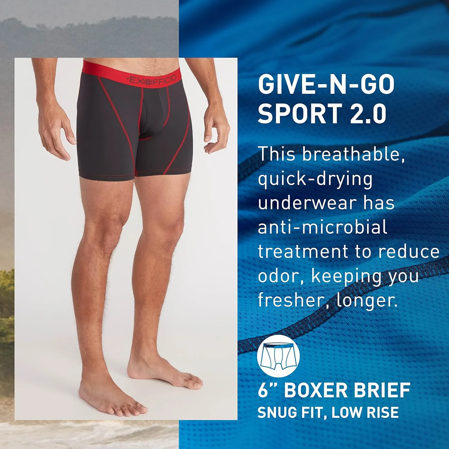ExOfficio Men's Give-N-Go Sport 2.0 Boxer Brief 6 " Travel Underwear for Men, Breathable and Durable, Easy Clean