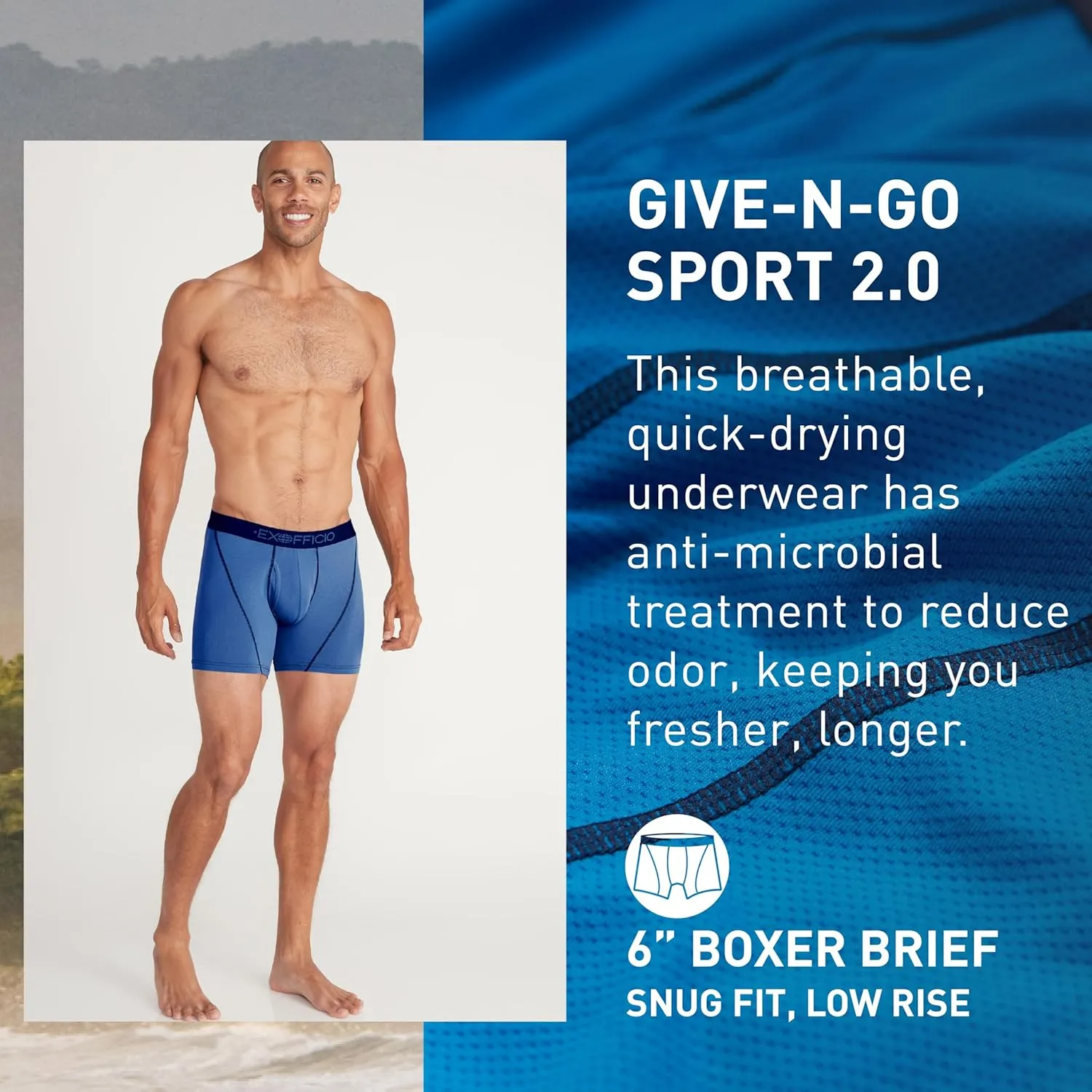 ExOfficio Men's Give-N-Go Sport 2.0 Boxer Brief 6 " Travel Underwear for Men, Breathable and Durable, Easy Clean