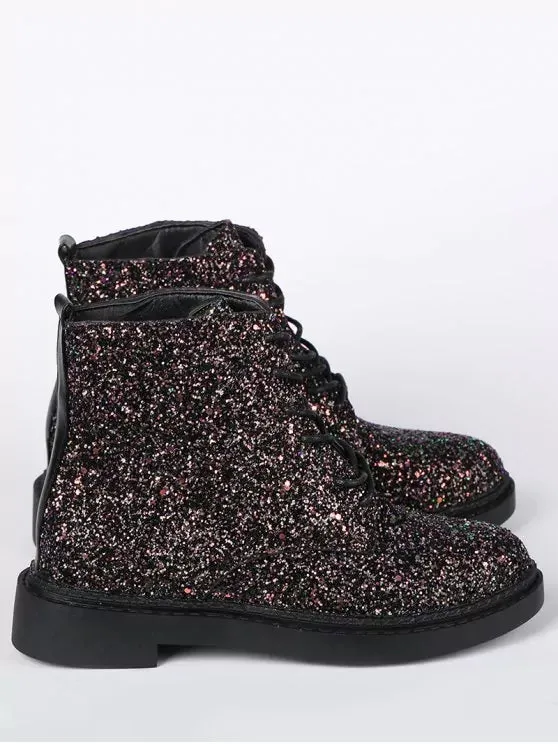 Fashion Lace Up Glitter Short Boots