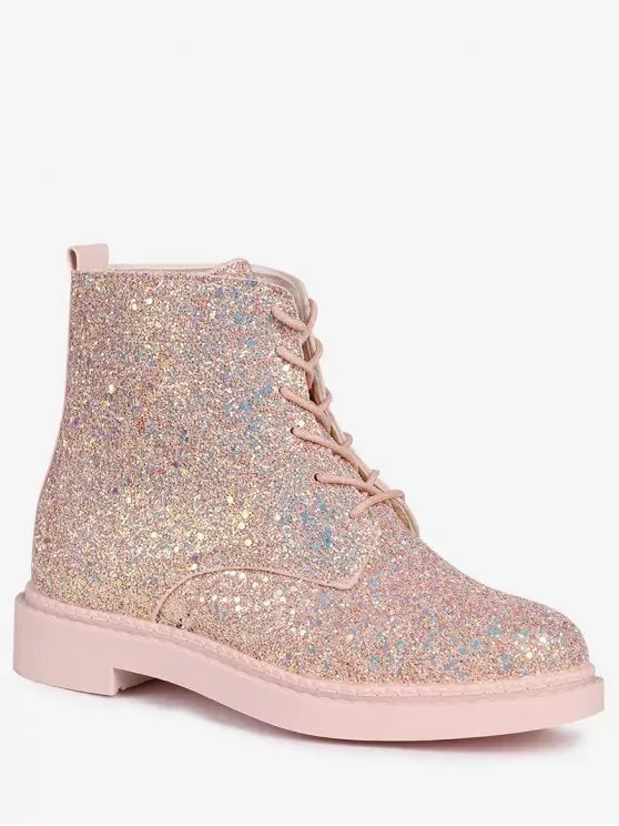 Fashion Lace Up Glitter Short Boots
