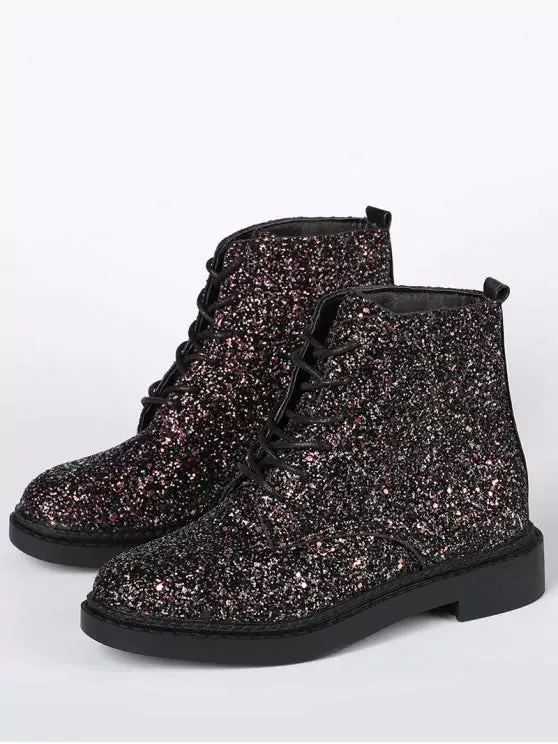 Fashion Lace Up Glitter Short Boots