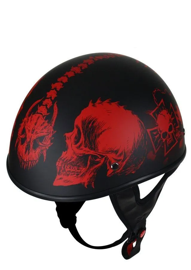 Flat Black DOT Helmet with Red Horned Skeletons, HS1100-D5-RED-FLAT-DL