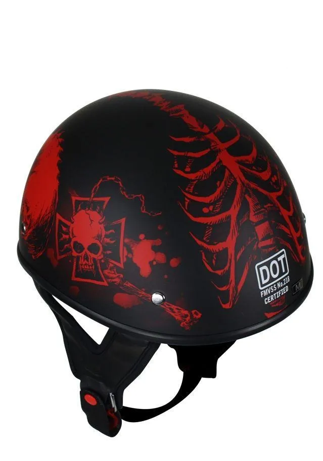 Flat Black DOT Helmet with Red Horned Skeletons, HS1100-D5-RED-FLAT-DL