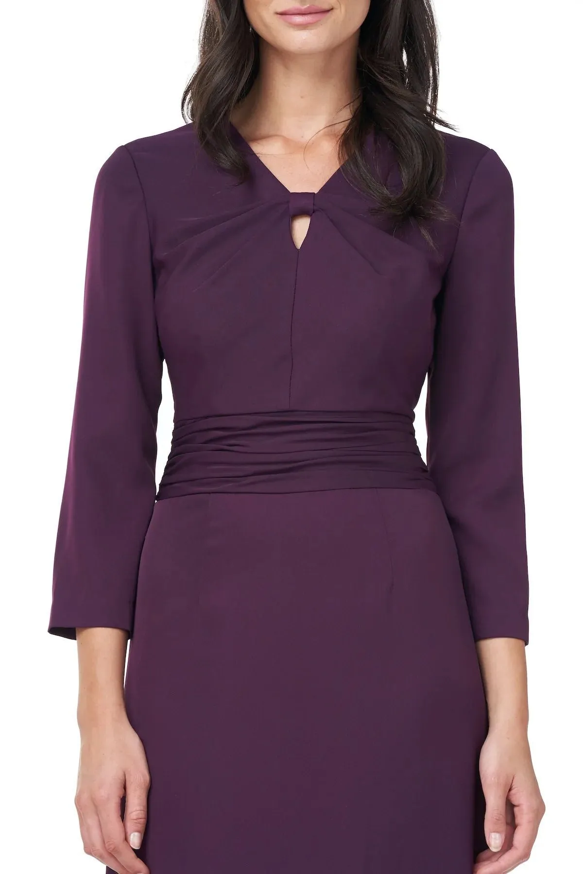 JS Collections V-Neck 3/4 Sleeve Twist Front Solid Stretch Crepe Dress
