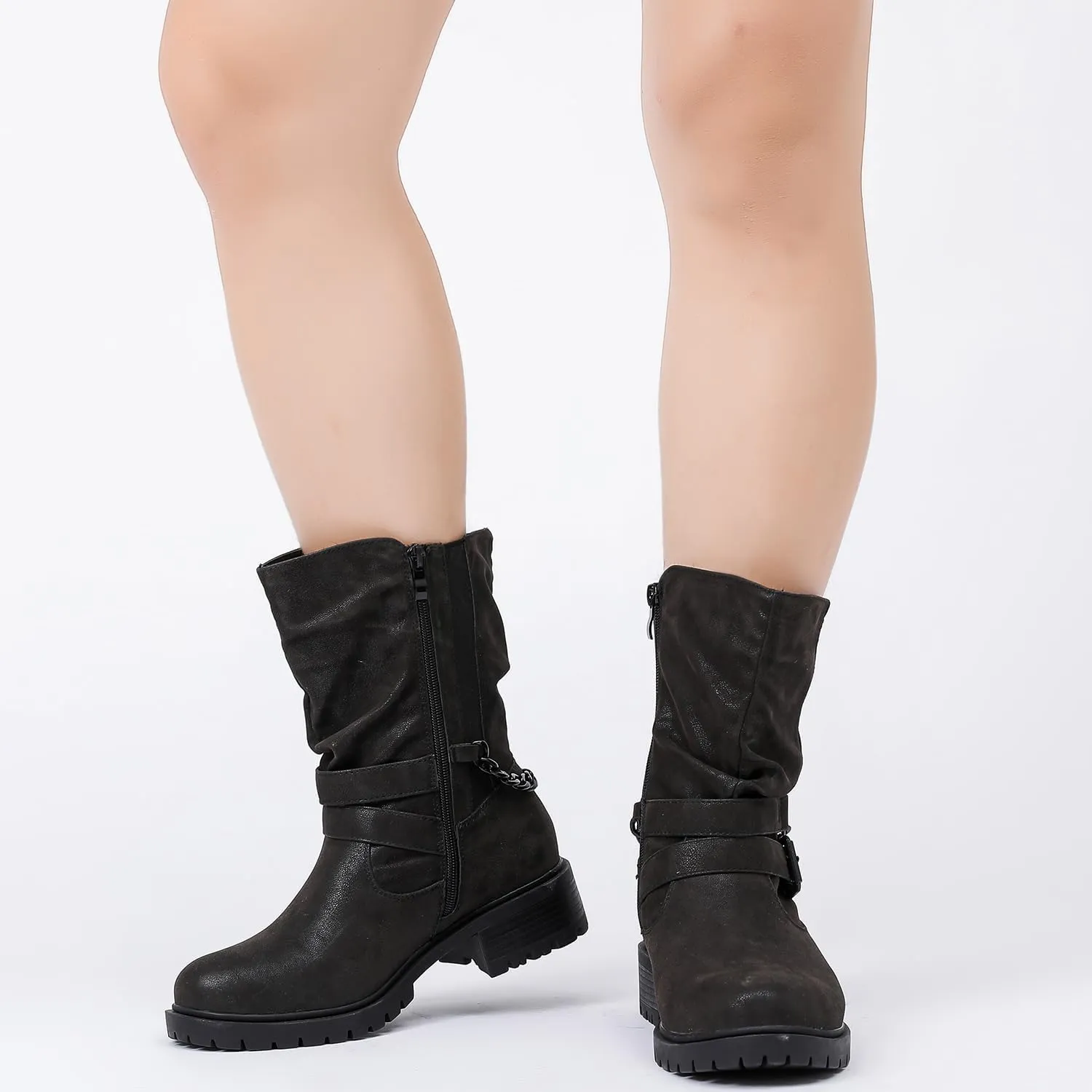 Luoika Women's Wide Width Ankle Boots - Low Heel Side Zipper Slouchy Mid Calf Boots Short Booties.