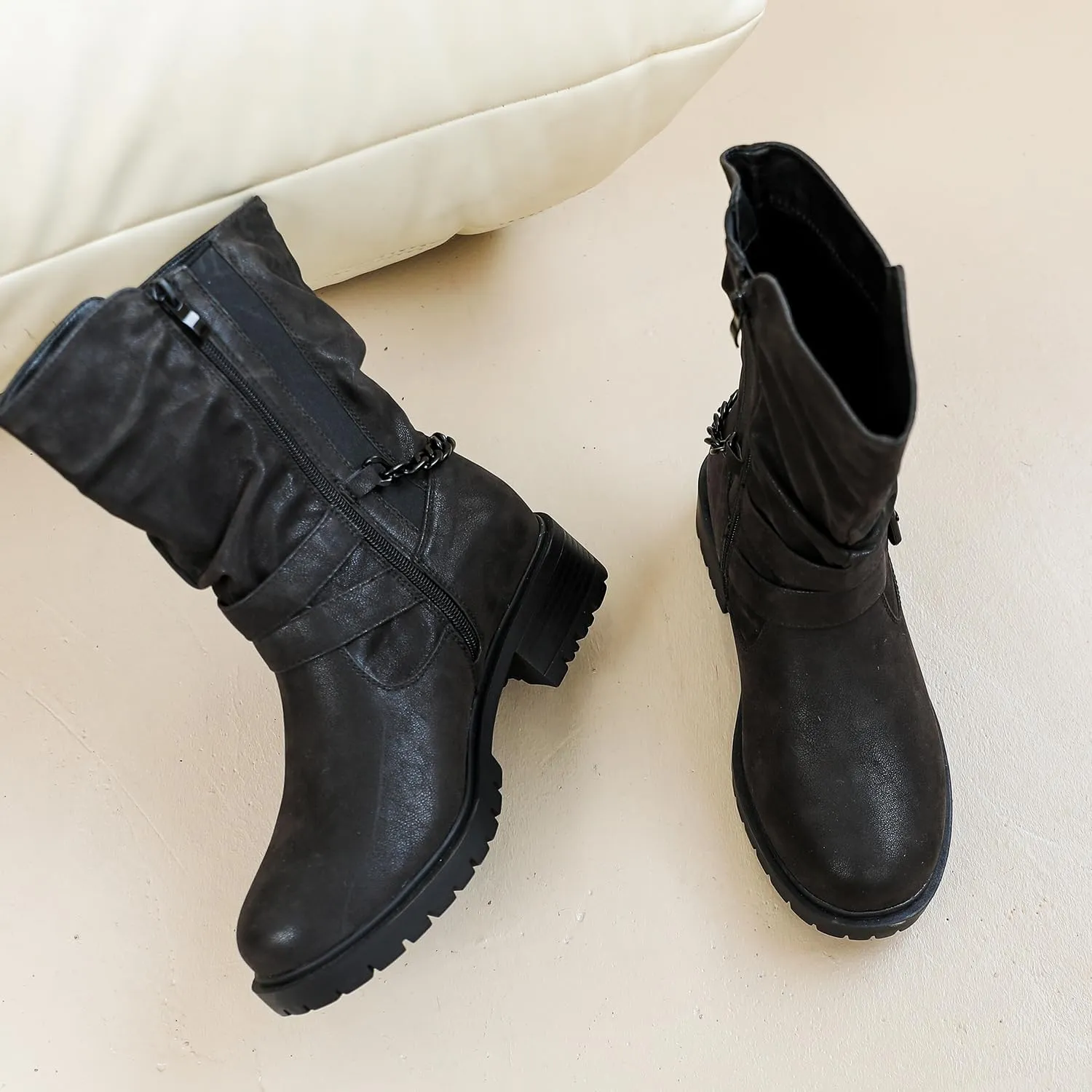 Luoika Women's Wide Width Ankle Boots - Low Heel Side Zipper Slouchy Mid Calf Boots Short Booties.
