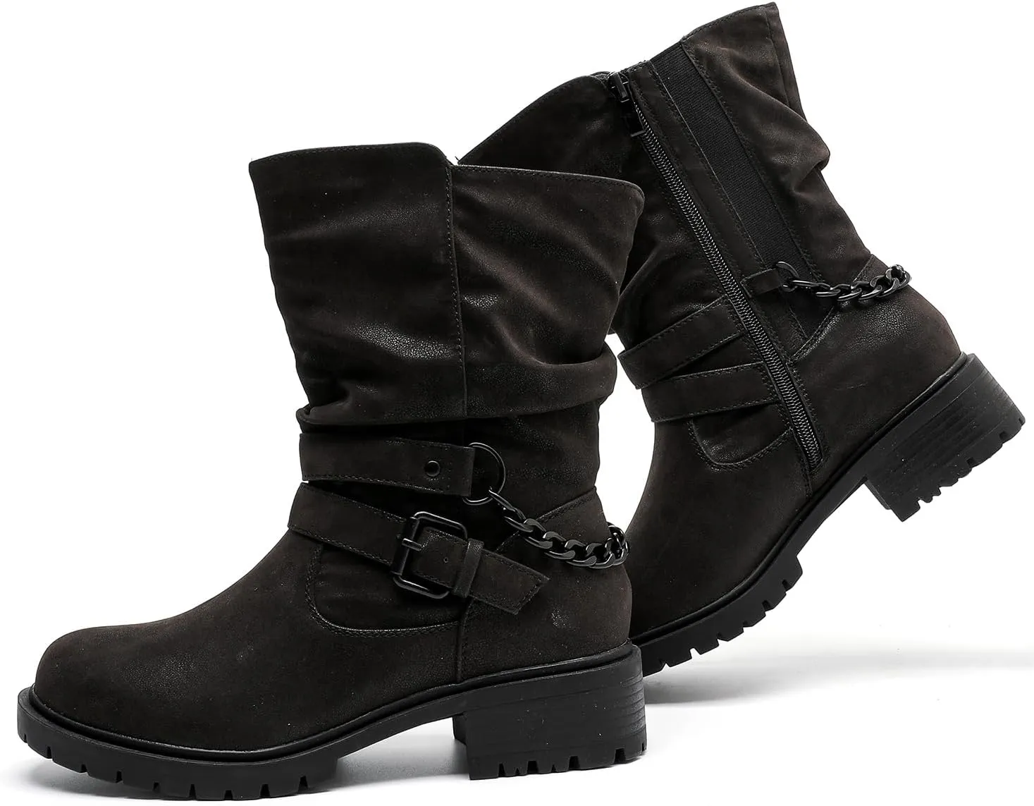Luoika Women's Wide Width Ankle Boots - Low Heel Side Zipper Slouchy Mid Calf Boots Short Booties.