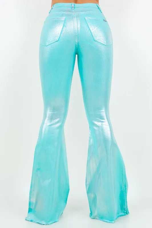 Metallic Bell Bottom Jean in Turquoise - Inseam 32
