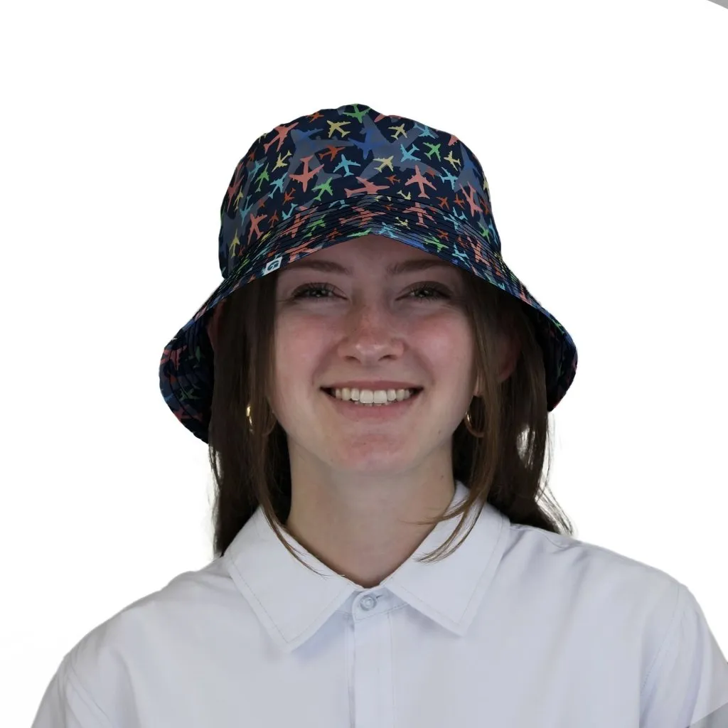 Multi Colored Airplanes on Blue Bucket Hat
