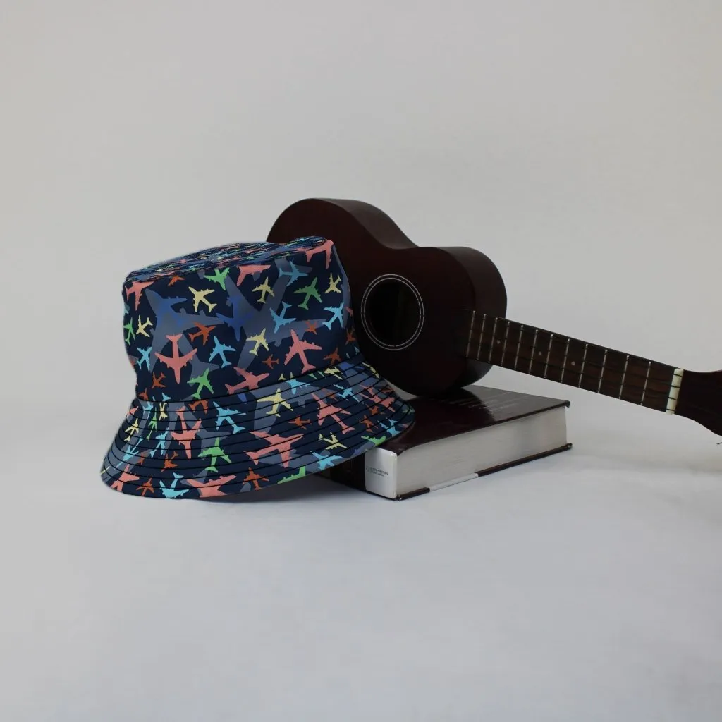 Multi Colored Airplanes on Blue Bucket Hat