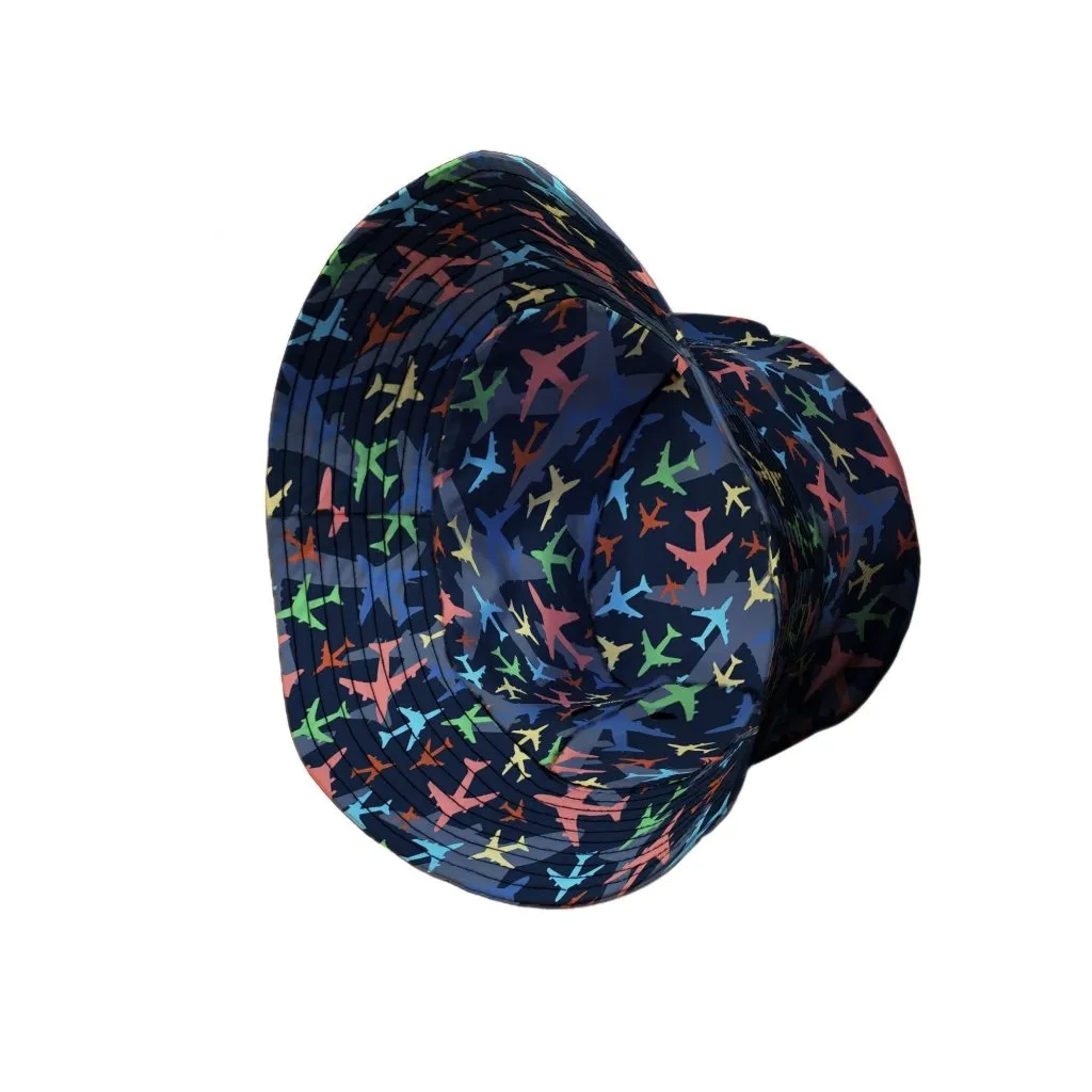Multi Colored Airplanes on Blue Bucket Hat