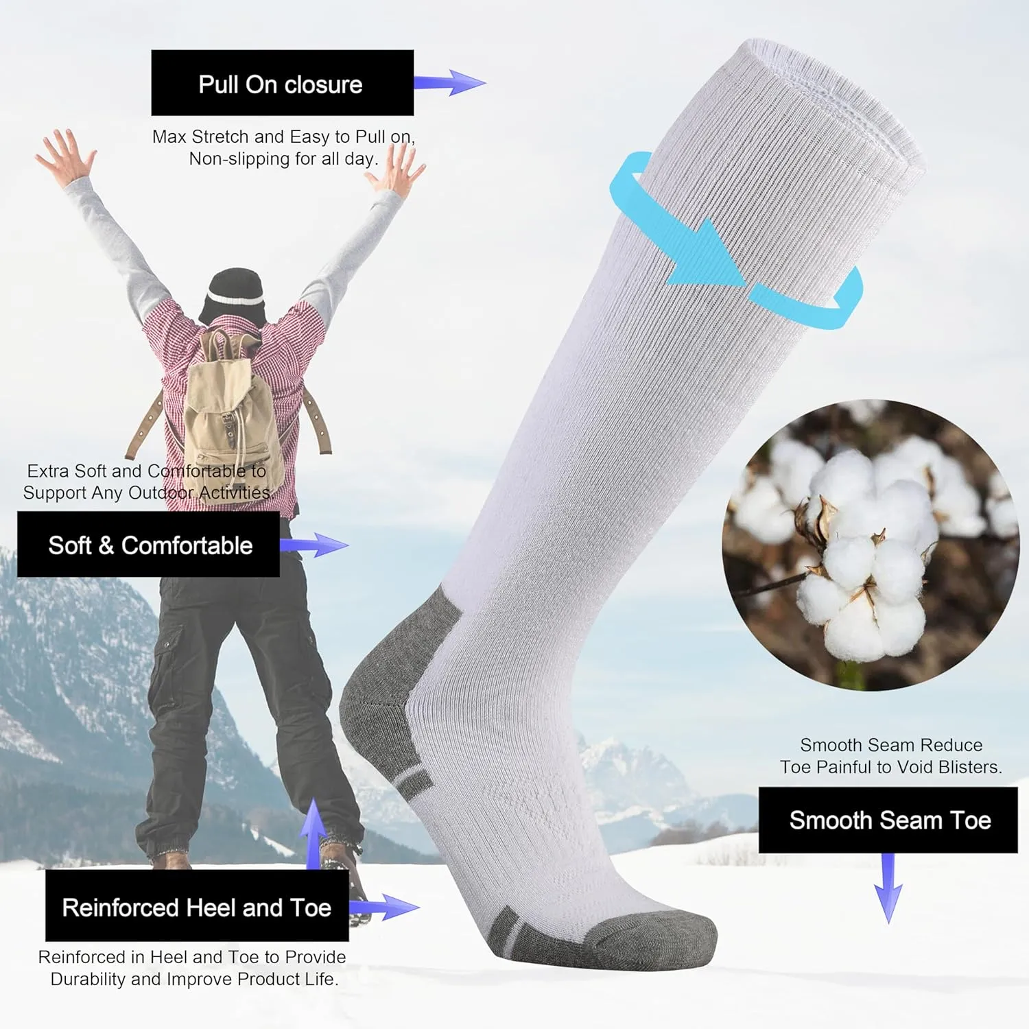 Ortis Cotton Full Cushion Over the Calf Socks OTC Knee High Thick Moisture Wicking Breathable Work Boot Thermal Warm