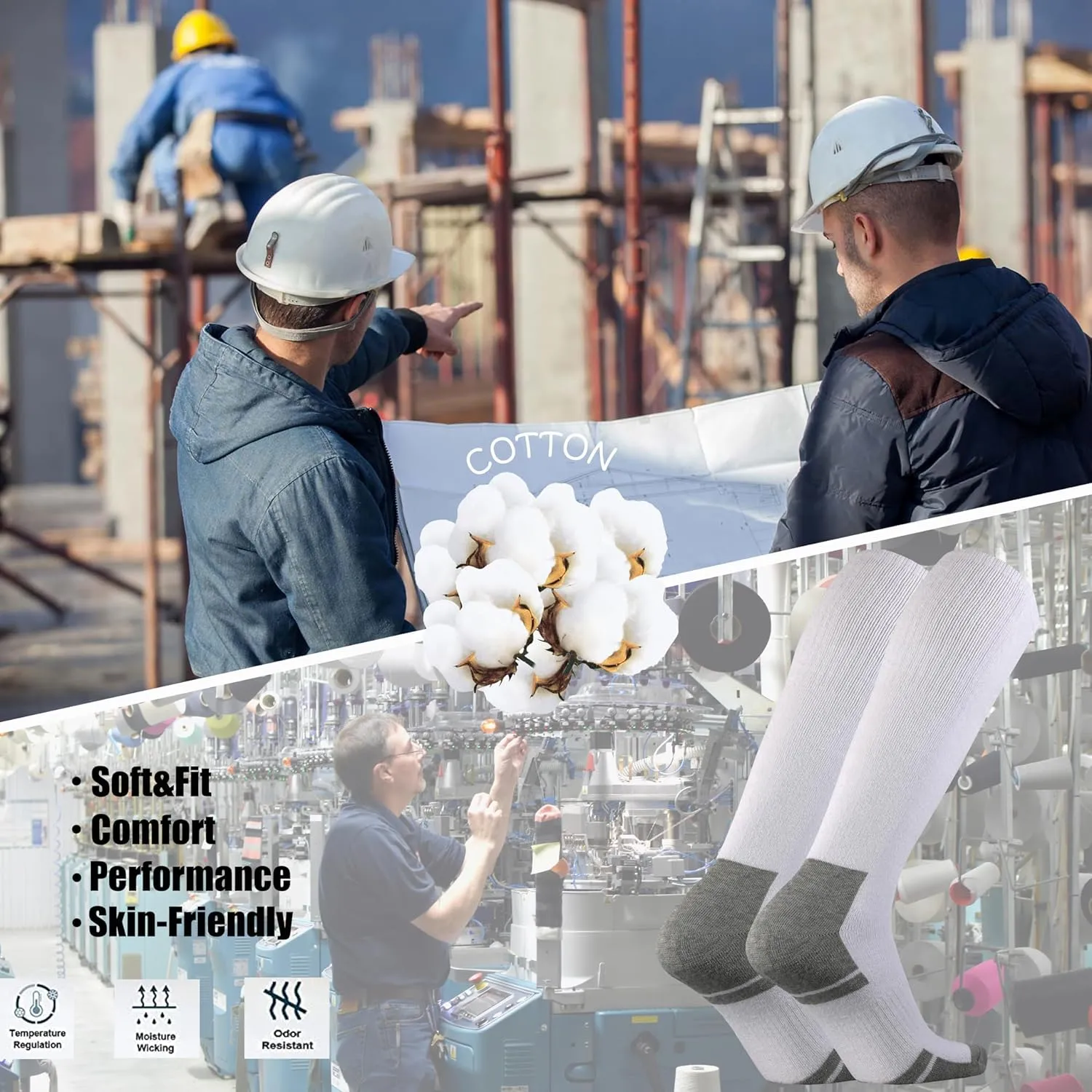 Ortis Cotton Full Cushion Over the Calf Socks OTC Knee High Thick Moisture Wicking Breathable Work Boot Thermal Warm