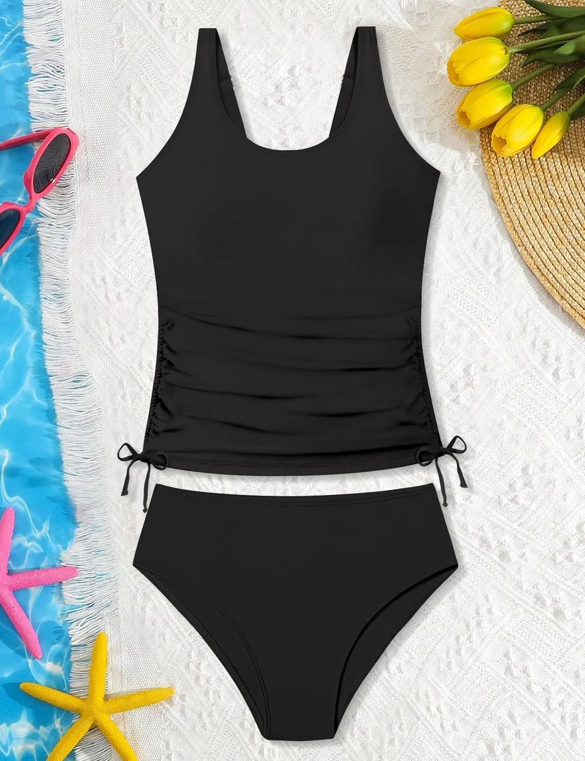 Qaoerde Girls Swimsuit Two Piece Girls Tankini Swimsuit Drawstring Printed Bathing Suit Ruched Swimwear Set 9-16 Years
