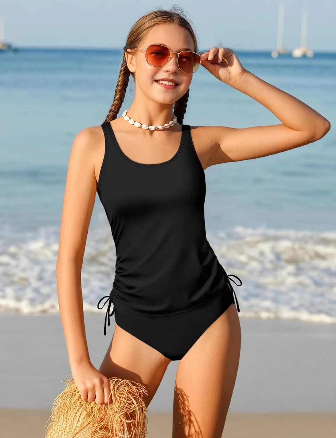 Qaoerde Girls Swimsuit Two Piece Girls Tankini Swimsuit Drawstring Printed Bathing Suit Ruched Swimwear Set 9-16 Years
