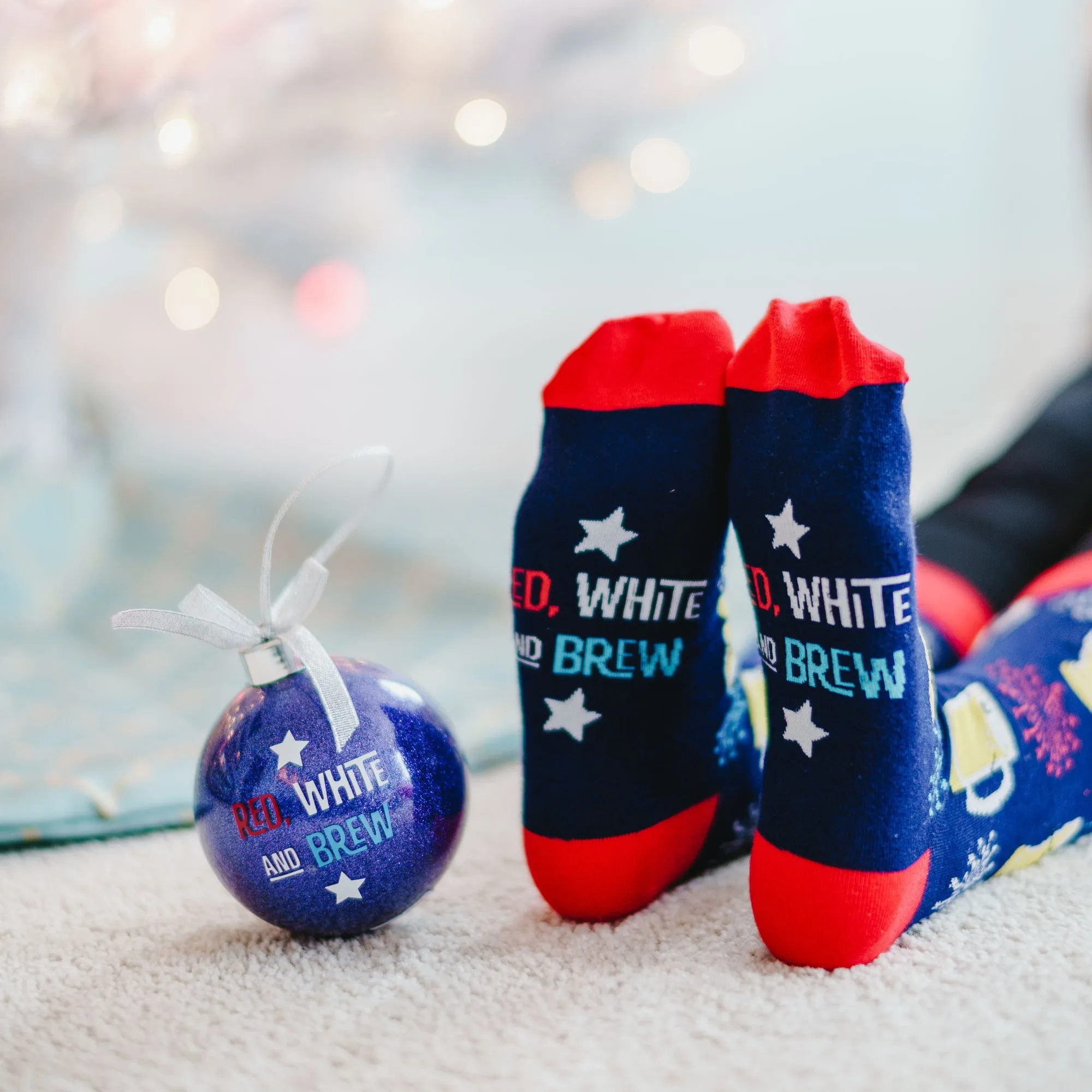 Red, White and Brew 4" Ornament with Unisex Holiday Socks