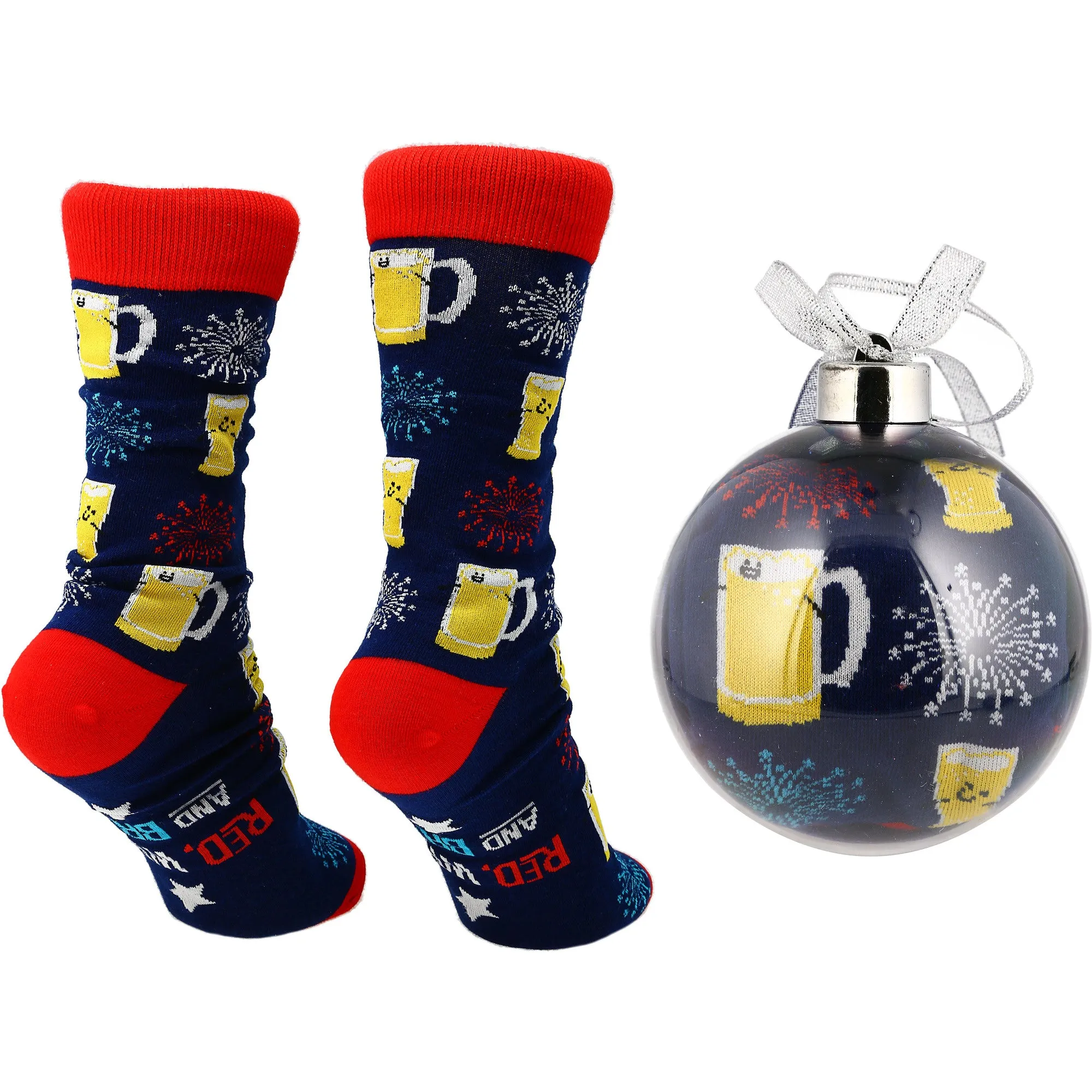 Red, White and Brew 4" Ornament with Unisex Holiday Socks