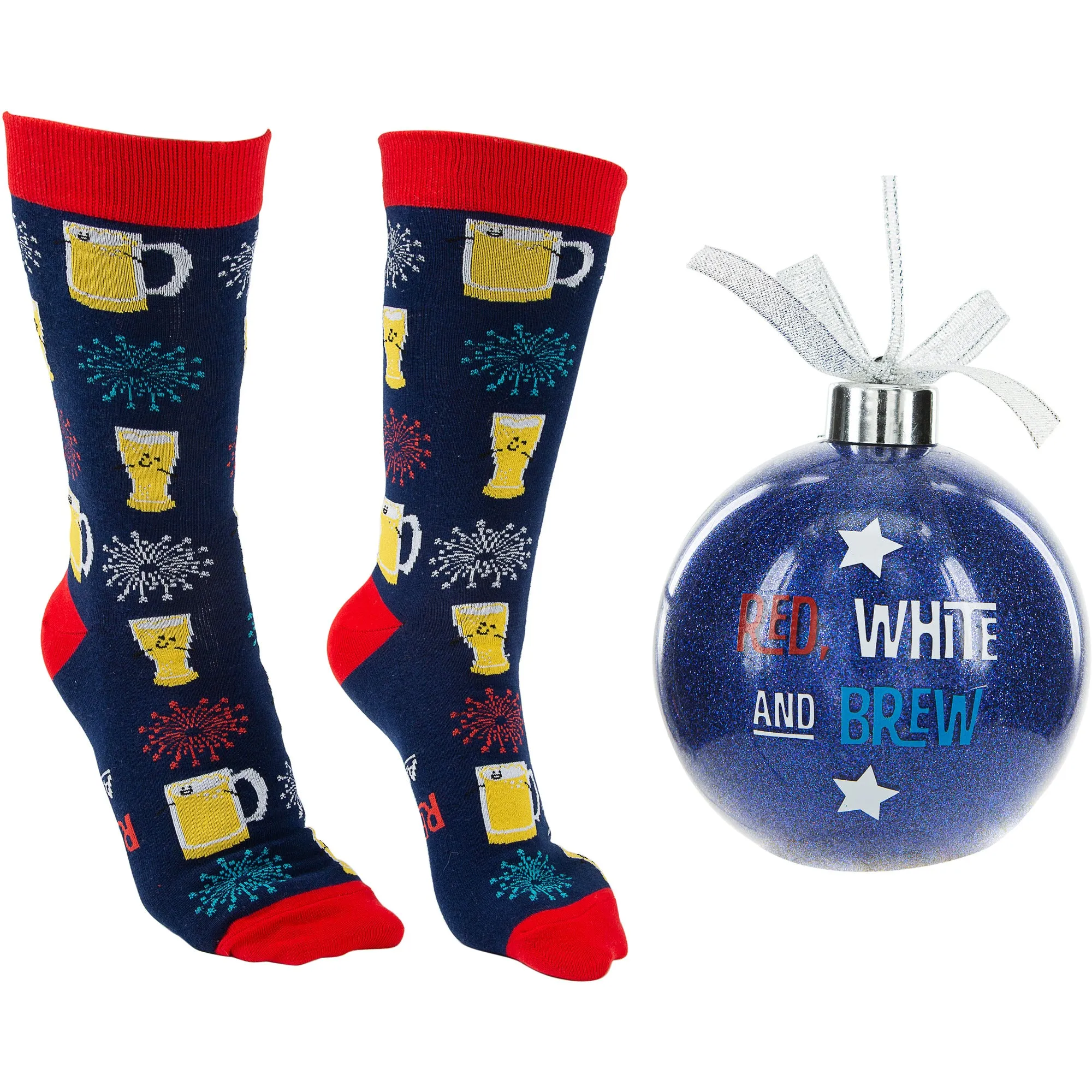 Red, White and Brew 4" Ornament with Unisex Holiday Socks