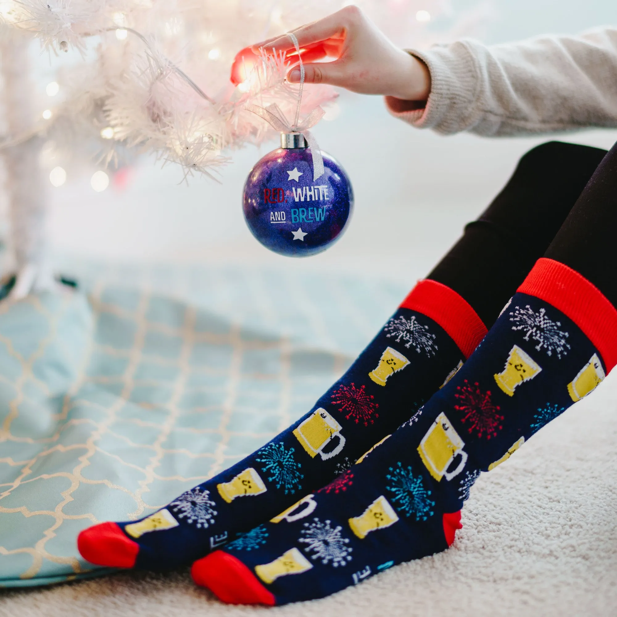 Red, White and Brew 4" Ornament with Unisex Holiday Socks
