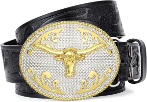 SANSTHS Cowboy Belts for Men Women, Western Leather Belt with Big Buckles Mexican Country Black Longhorn Bull Belt for Jeans