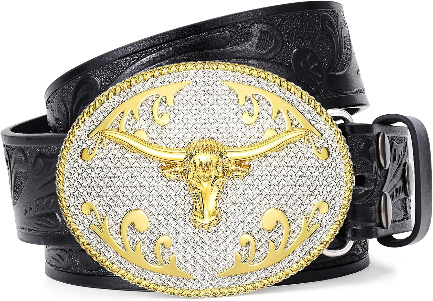 SANSTHS Cowboy Belts for Men Women, Western Leather Belt with Big Buckles Mexican Country Black Longhorn Bull Belt for Jeans