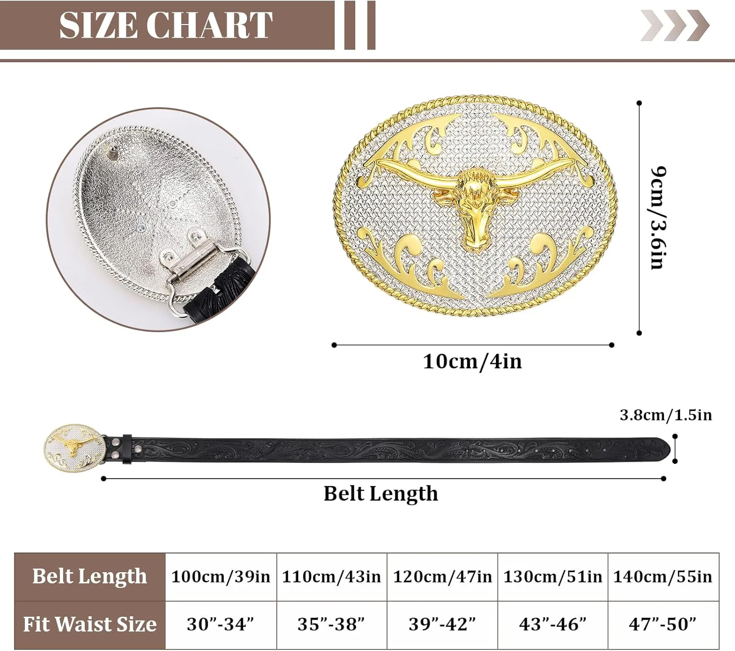 SANSTHS Cowboy Belts for Men Women, Western Leather Belt with Big Buckles Mexican Country Black Longhorn Bull Belt for Jeans