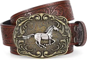 SANSTHS Cowboy Western Belts for Men Women Western Cowboy Buckle Belt Country Cowgirl Mens Leather Belt for Jeans Gifts