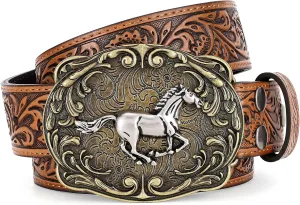 SANSTHS Cowboy Western Belts for Men Women Western Cowboy Buckle Belt Country Cowgirl Mens Leather Belt for Jeans Gifts