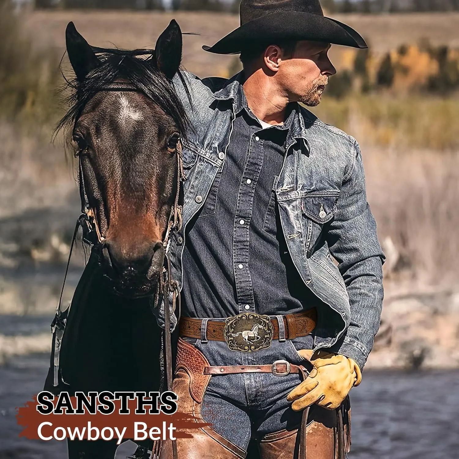SANSTHS Cowboy Western Belts for Men Women Western Cowboy Buckle Belt Country Cowgirl Mens Leather Belt for Jeans Gifts