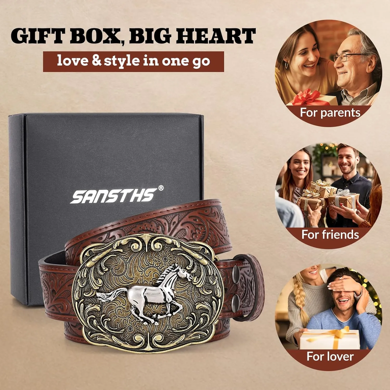 SANSTHS Cowboy Western Belts for Men Women Western Cowboy Buckle Belt Country Cowgirl Mens Leather Belt for Jeans Gifts