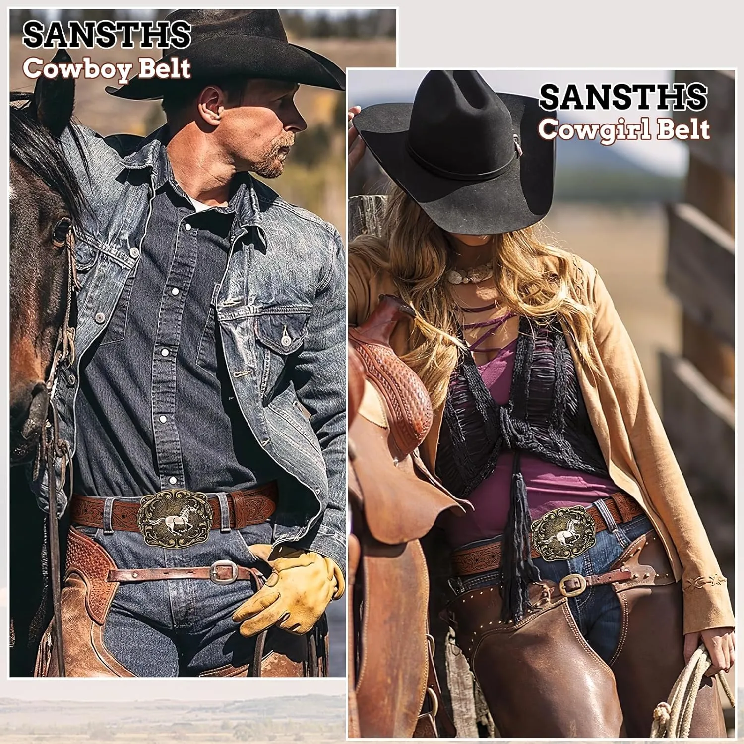 SANSTHS Cowboy Western Belts for Men Women Western Cowboy Buckle Belt Country Cowgirl Mens Leather Belt for Jeans Gifts