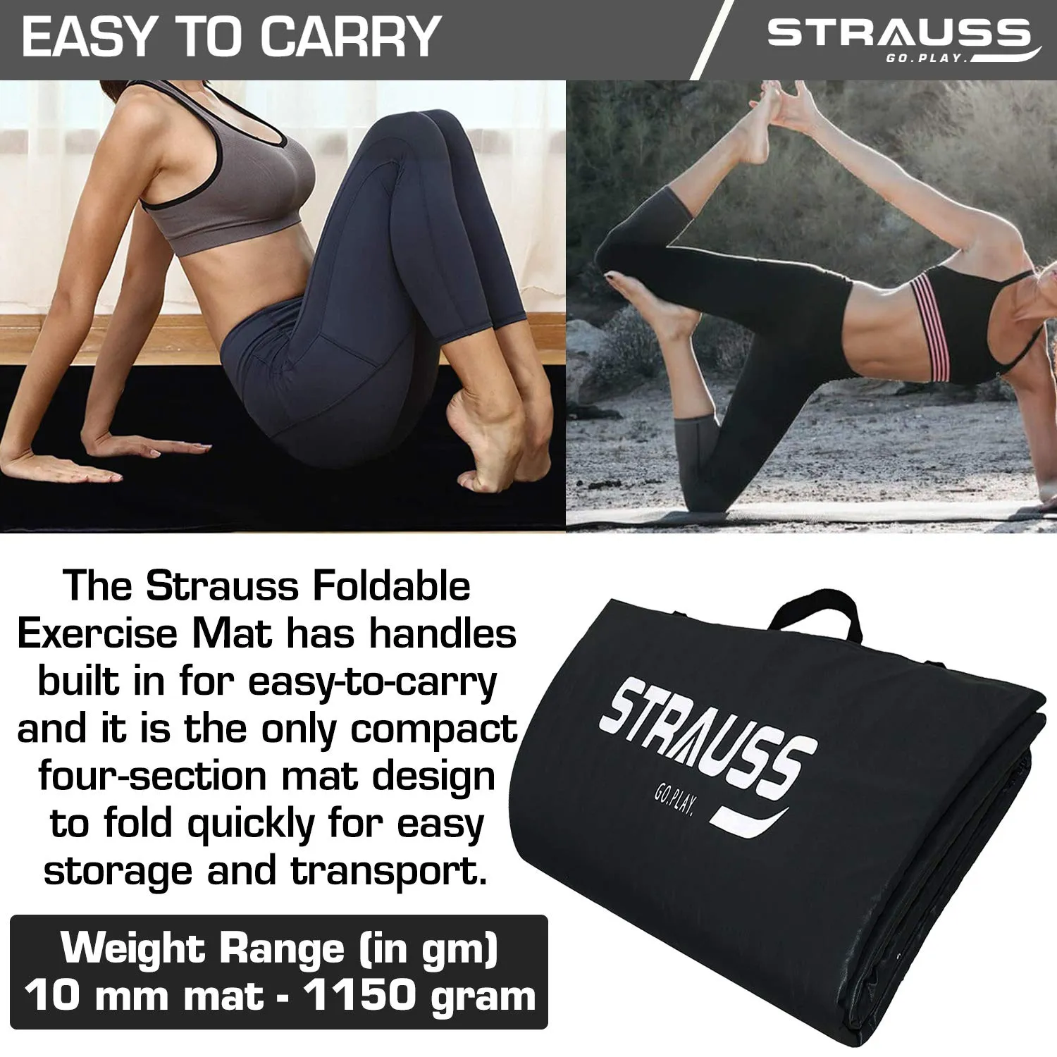 Strauss Yoga Mat Rolling | Yoga Mat For Gym, Workout at Home and Yoga | Foldable Yoga Mat | Yoga Mat for Men & Women with Carrying Strap | Yoga Mat for Meditation, Fitness & Exercise | 10 mm (Black)