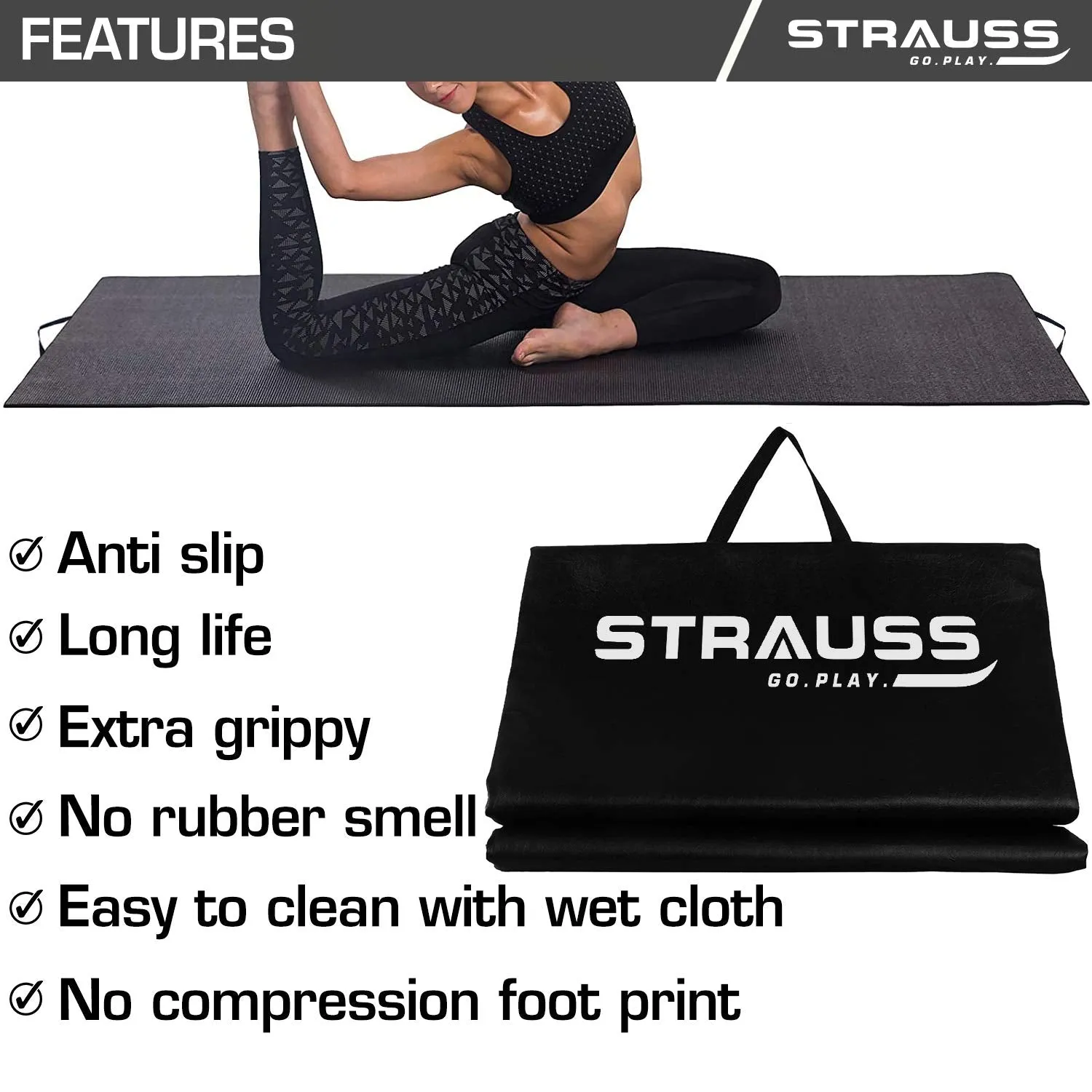 Strauss Yoga Mat Rolling | Yoga Mat For Gym, Workout at Home and Yoga | Foldable Yoga Mat | Yoga Mat for Men & Women with Carrying Strap | Yoga Mat for Meditation, Fitness & Exercise | 10 mm (Black)