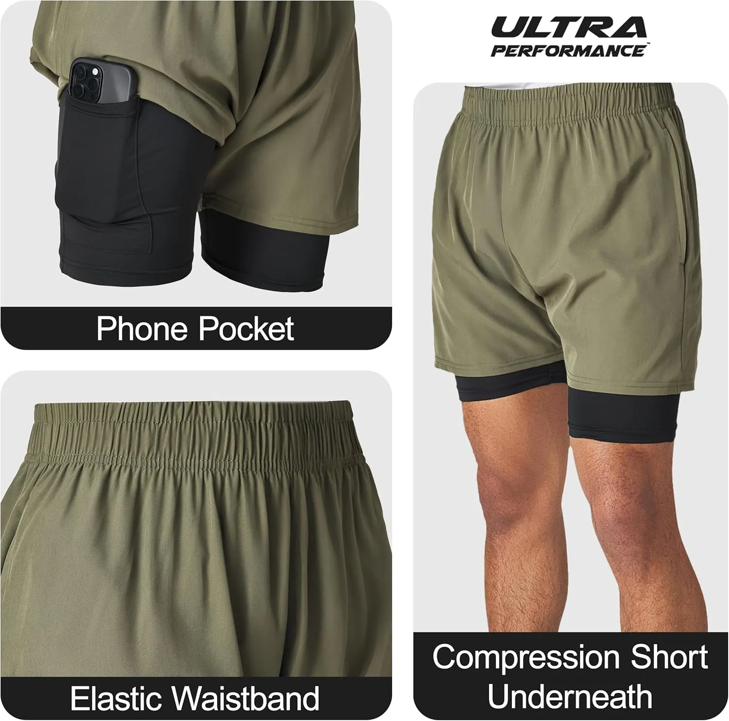 Ultra Performance Men's Athletic 2 in 1 Compression Shorts 2 Pack Mens Gym Workout Running Short??s for Men, 5 Inch Inseam