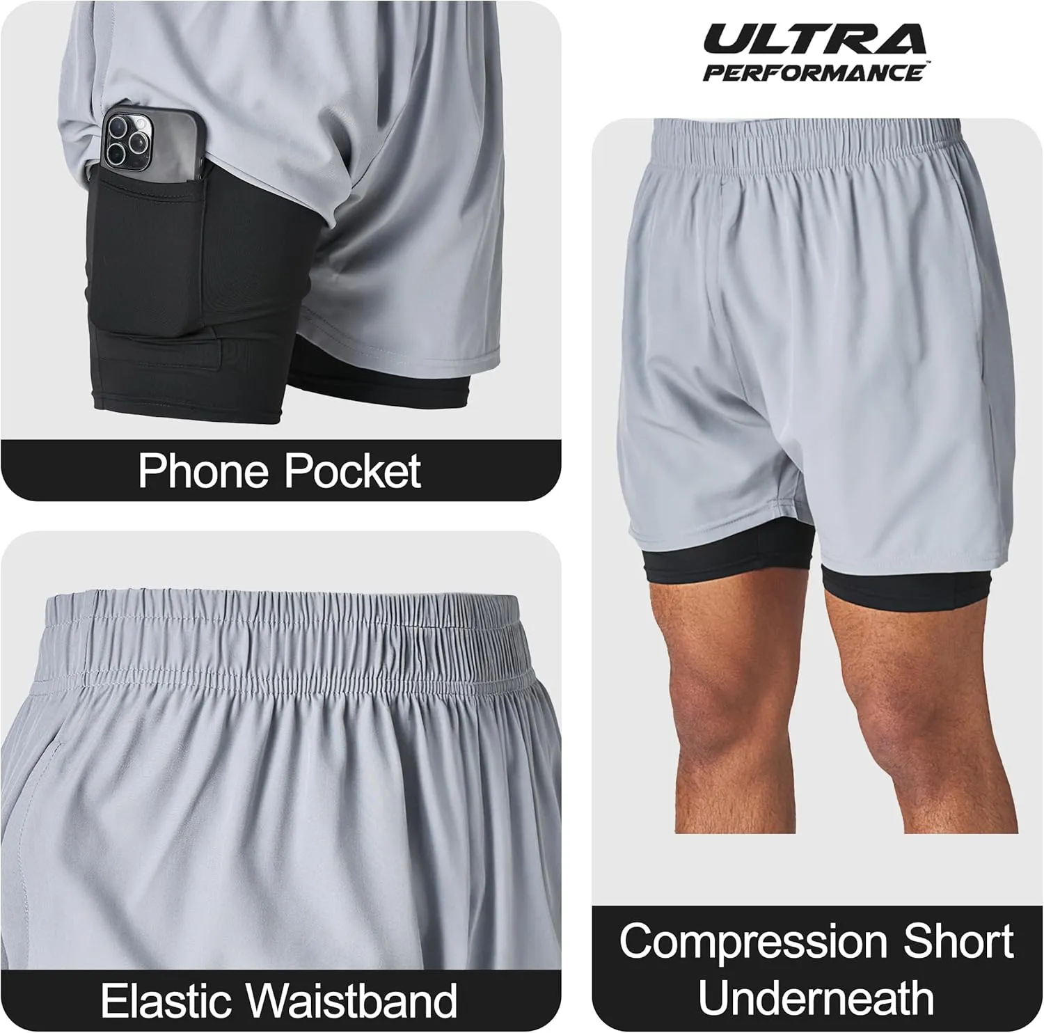 Ultra Performance Men's Athletic 2 in 1 Compression Shorts 2 Pack Mens Gym Workout Running Short??s for Men, 5 Inch Inseam