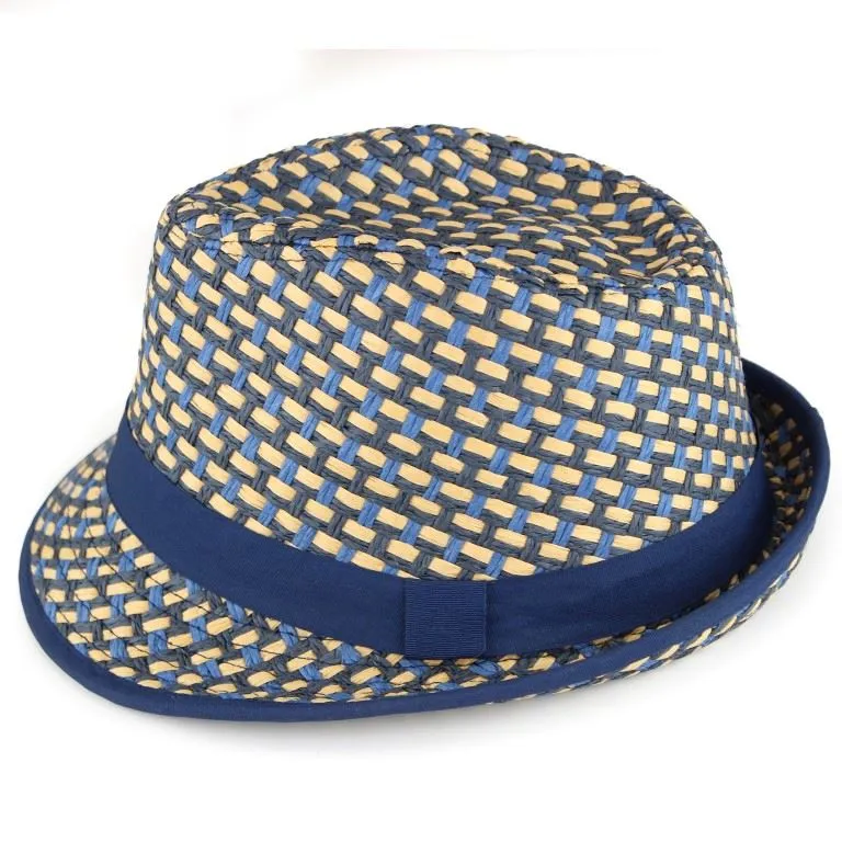 Woven Straw Paper Trilby Hat - Blue